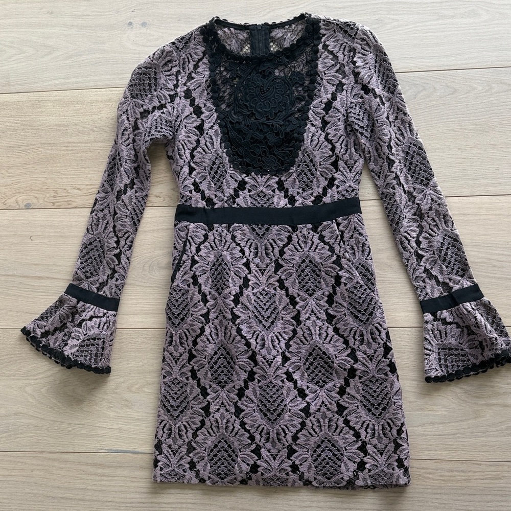 Nanette Leopore Lace Long-Sleeve Mini Dress in Mauve and Black